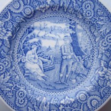 the spode blue room collection  georgian series "woodman" reproduced a hand engraved Cooper plate  niewielki porcelanowy talerzyk spodeczek