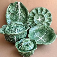 Art Pottery ❤ Olfaire Alvaro José Portugal Majolica Lettuce, Cabbage ❤ Duży komplet środka stołu