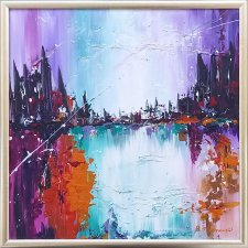 Abstrakcja 60x60 jasno złota rama obraz malowany magiczny pejzaż
