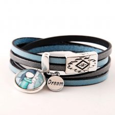 Bransoletka skórzana w kolorach gołębim i stalowym z zawieszkami