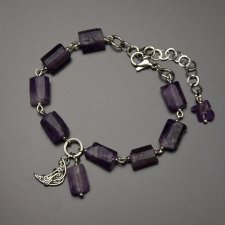 Bransoletka z surowymi ametystami, księżyc, ametyst, wire wrapping, stal chirurgiczna