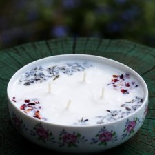 Świeca sojowa lawendowa w prześlicznej miseczce retro, świeczka naturalna z wosku sojowego