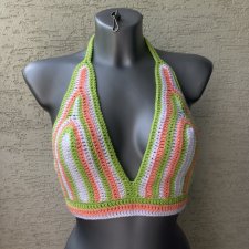 Recznie robiony kolorowy top na szydełku crochet braletka wiązana na plecach