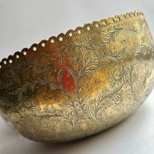 Antique Indian Engraved Brass Jardiniere Vessel - Hand Carved ❤ Ręczny florystyczno postaciowy grawerunek ❤ Duży rozmiar