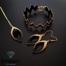 Zestaw czarno-złotej biżuterii z koralików "Zigzag"