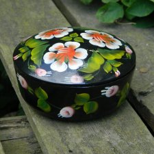 ROSYJSKIE PAPIER MACHE * RĘCZNIE MALOWANE PUZDRO PUZDERKO SZKATUŁKA * VINTAGE BIBELOT