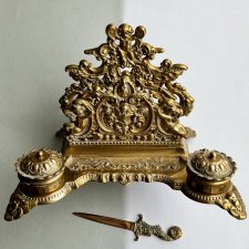 Antique English Gilt Gold Brass Letter Holder and Double Inkwell Desk Set ❤ Ciężki, masywny mosiądz