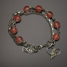 Bransoletka kwarc malinowy, serce, wire wrapping, stal chirurgiczna