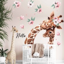 Żyrafa z mamą, kwiaty, personalizacja - naklejka