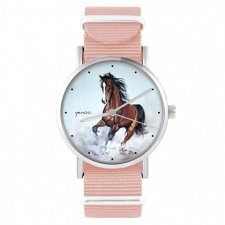 Zegarek - Koń brązowy - brzoskwiniowy róż, nylonowy