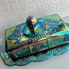 Perełka Designu!  Carnival Iridescent Glass Blue Harvest Grape Butter Dish - Lata 50-60XXw. ❤