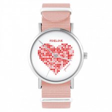 Zegarek - Serce pixelove - brzoskwiniowy róż, nylonowy