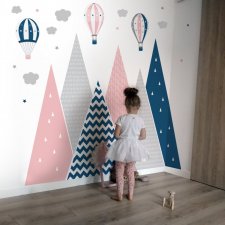 Naklejka Ścienna - Góry i balony - różowo granatowe