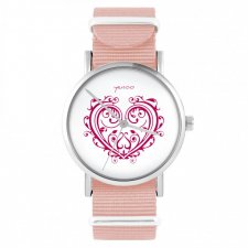 Zegarek - Serce ornamentowe - brzoskwiniowy róż, nylonowy