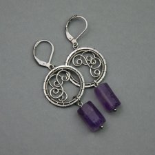 Kolczyki koła kółka z surowymi ametystami, stal chirurgiczna, wire wrapping