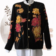 Art&Vintage Czarny żakiet marynarka blezer Indigo Moon 100% Cotton z dekoracyjnym haftem  – rozmiar 46/48