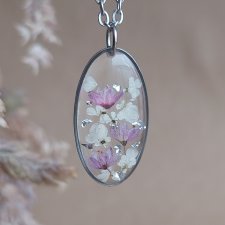Srebrna zawieszka srebrny wisiorek naszyjnik z suszonymi kwiatami prezent dla niej żywica vintage róż różowe kwiaty retro kobieca dziewczęca