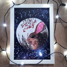 Akwarela oryginalna A4 "Polny Zając", niepowtarzalny obraz ręcznie malowany akwarelą, zimowy obrazek, śnieg, noc, las, królik