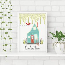 plakat z domkiem i lisem. Home sweet home (format A3)