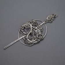 Spinka ze szpilką do włosów i do szala, broszka, ozdobna kwarc i ametyst różowy, wire wrapping