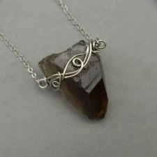 Naszyjnik minimalistyczny Talizman duży kwarc dymny, wire wrapping, stal chirurgiczna