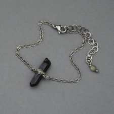 Bransoletka Talizman antracytowy kryształ górski, wire wrapping, stal chirurgiczna