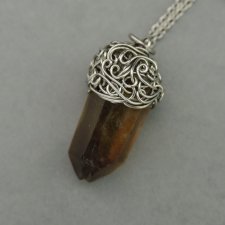 Wisiorek Talizman surowy kwarc dymny ze szpicem, wire wrapping, stal chirurgiczna