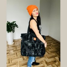 Duża torba z jeansu powlekanego welurem "Mili Weekend Bag" - czarna