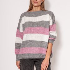 Oversize'owy sweter w paski - SWE299 szary/róż/ecru MKM