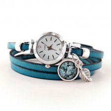 Zegarek bransoletka, skórzany pasek owijany niebiesko- turkusowy