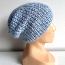 Handmade Czapka damska AUREA 100% Baby Merino plus moher i jedwab 11 błękitny stalowy