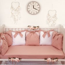 Piękny pudrowy Roż Zestaw do łóżeczka 6 poduszek modułowych z prześcieradłem +Kokon 5 częściowy; kokon, materacyk, kocyk, poduszka i pluszowy miś
