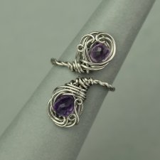 Pierścionek regulowany ametyst, wire wrapping, stal chirurgiczna