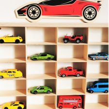 Drewniana półka na autka Hot Wheels + GRAFIKA nr2 / Garaż na Resoraki oraz samochodziki Matchbox