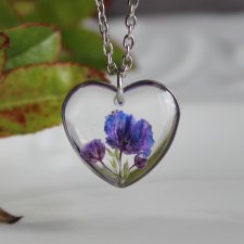 Srebrna zawieszka serce srebrny wisiorek serduszko naszyjnik suszone kwiaty żywica naturalna biżuteria fioletowe