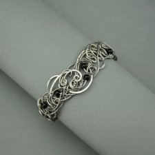 Bransoleta szeroka czarny onyks, wire wrapping, stal chirurgiczna
