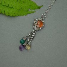 Kolorowy długi wisiorek cytryn, ametyst, onyks, karneol, stal chirurgiczna, wire wrapping