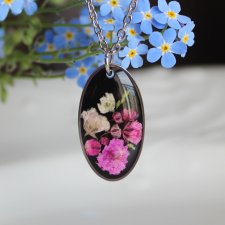 Srebrna zawieszka srebrny wisiorek naszyjnik z suszonymi kwiatami prezent dla niej żywica vintage retro kwiaty z żywicy epoksydowej jajowata różowe cz