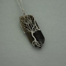 Wisiorek Talizman drzewo życia duży surowy kwarc dymny ze szpicem, wire wrapping, stal chirurgiczna