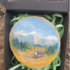 Obraz-magnes na lodówkę ręcznie malowany na drewnie Góry+ pudełko
