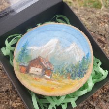 Obraz-magnes na lodówkę ręcznie malowany na drewnie Góry+ pudełko