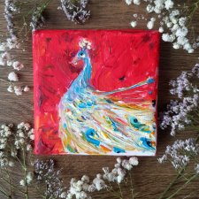 Mini obraz ręcznie malowany "Ptak" paw piękne ptaki prezenty