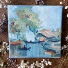 Mini obraz ręcznie malowany rzeka pejzaż domek prezent pamiątka