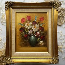 Floral Bouquet Oil Painting 36cm.❀ڿڰۣ❀ Ręcznie malowany obraz olejny, efektowna złocona rama ze sztukaterią ❀ڿڰۣ❀