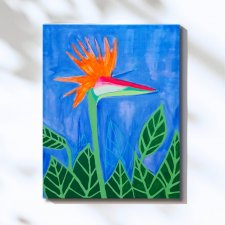 Akryl, neonowy botaniczny obraz, "Strelicja" 40 x 50cm. Do nowoczesnego wnętrza, z motywem roślinnym, pomarańcz, niebieski, zielony