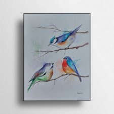 Kolorowe ptaki- obraz akwarela