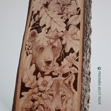 Wilk, niedźwiedź, sowa - Strażnicy Lasu. Obraz na drewnie, pirografia, drewniana dekoracja ścienna