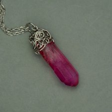 Wisiorek Talizman różowy kryształ górski, wire wrapping, stal chirurgiczna