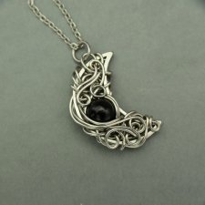 Wisiorek księżyc obsydian złocisty, półksiężyc, wire wrapping, stal chirurgiczna, unikatowy, lunula