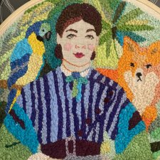 Haft portret tamborek kobieta, papuga, lis